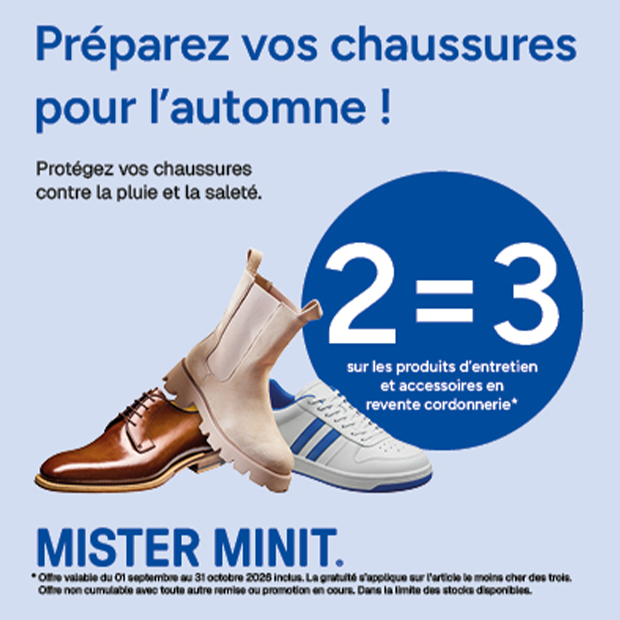 Visuel promotionnel de l'offre 2 = 3 sur les produits d'entretien et accessoires en revente cordonnerie chez Mister Minit